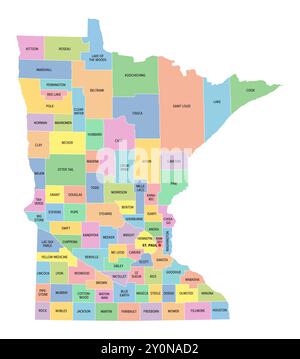 Minnesota, US-Bundesstaat, unterteilt in 87 Countys, mehrfarbige politische Karte mit Hauptstadt St. Paul, Grenzen und County-Namen. Stockfoto