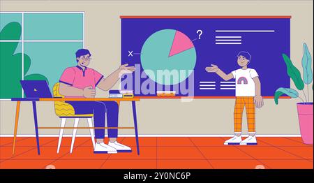 Schüler lösen Mathe-Problem mit Lehrer an der Tafelcartoon Flat Illustration Stock Vektor
