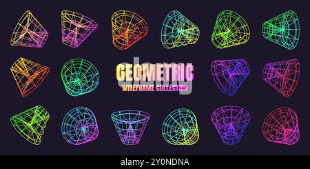 Neon-beschichtete Drahtmodellformen. Perspektivisches Netz, 3D-Raster. Geometrische Elemente mit niedrigem Poly. Futuristische Retro-Designelemente, y2k, Vaporwave und Synthwave Stock Vektor