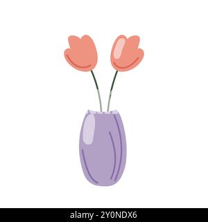 Violette Vase mit zwei einfachen rosafarbenen Blüten und grünen Stielen in flacher Form. Minimalistisch und elegant, Design für Wohnmotive, Blumenmuster Stock Vektor