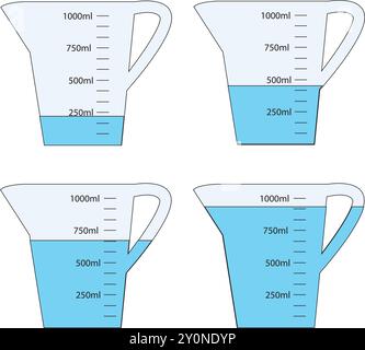 Set aus leeren und mit Wasser gefüllten Messbechern mit 1 Liter Volumen. Flüssigkeitsbehälter zum Kochen oder für chemische Experimente mit der Flüssigkeitswaage isola Stock Vektor