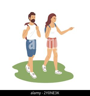 Junge Paare Touristen. Ein Mann und eine Frau mit Rucksäcken reisen. Aktive Erholung und Lifestyle. Urlaub und Wochenende. Cartoon-Vektor-Illustrat Stock Vektor