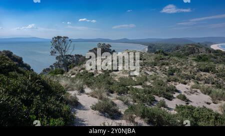 Blick von der Küste entlang des Neck Game Reserve Lookout, einer schmalen, langen Landzunge, die das Nord- und Südende von Bruny Island, Tasmanien, verbindet. Stockfoto