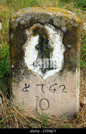 Der Grenzstein Nr. 33 von 1762, lange Erlen, Riehen/weil am Rhein, schweizerisch-deutsche Grenze. Stockfoto