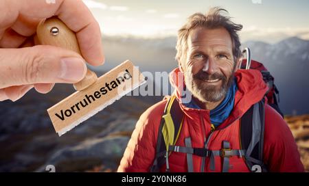 Leben im Vorruhestand ein Holzstempel ist beschriftet mit dem Aufdruck: Vorruhestand über dem Bild eines Mannes in Outdoor-Kleidung auf einer Berwande Stockfoto