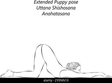 Skizze einer jungen Frau, die Uttana Shishosana Yoga-Pose praktiziert. Anahatasana. Verlängerte Hündchenhaltung. Mittlere Schwierigkeit. Isolierte Vektordarstellung. Stock Vektor