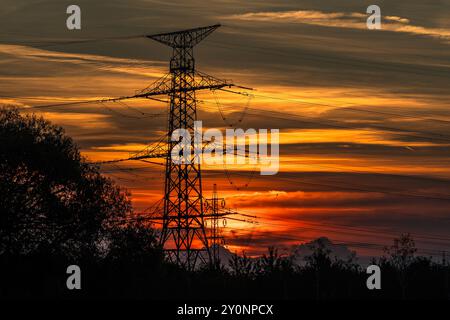 Dramatischer Sonnenuntergangshimmel mit dunkelroten, orangen und gelben Farben. Hochspannungsleitungen mit Strommasten. Bush im Vordergrund. Stockfoto
