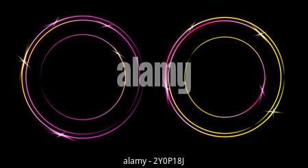 Rosafarbener und gelber Laserstrahlkreis auf schwarzem Hintergrund. Neonkreise. Abstrakte Vektorillustration. Stock Vektor