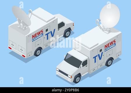 Isometrisches Rundfunkfahrzeug mit Satellitenschüssel. Auto-TV. Fernsehnetzwerk. TV Live News Programm. Stock Vektor