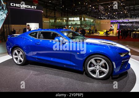 Der Sportwagen Chevrolet Camaro wurde auf dem Internationalen Automobilsalon in Genf präsentiert. Schweiz - 2. März 2016. Stockfoto