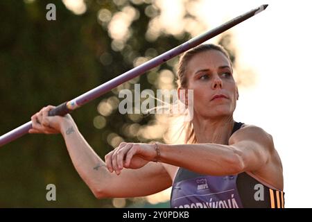 Turnov, Tschechische Republik. September 2024. Der tschechische Athlet Nikola Ogrodnikova tritt am 3. September 2024 im Speerwurf während des Ludvik Danek Memorial Athletic Meeting in Turnov (Tschechische Republik) an. Quelle: Radek Petrasek/CTK Photo/Alamy Live News Stockfoto