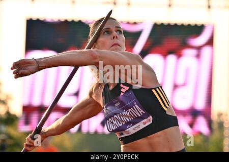 Turnov, Tschechische Republik. September 2024. Der tschechische Athlet Nikola Ogrodnikova tritt am 3. September 2024 im Speerwurf während des Ludvik Danek Memorial Athletic Meeting in Turnov (Tschechische Republik) an. Quelle: Radek Petrasek/CTK Photo/Alamy Live News Stockfoto