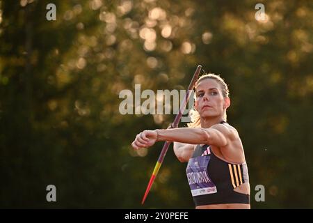 Turnov, Tschechische Republik. September 2024. Der tschechische Athlet Nikola Ogrodnikova tritt am 3. September 2024 im Speerwurf während des Ludvik Danek Memorial Athletic Meeting in Turnov (Tschechische Republik) an. Quelle: Radek Petrasek/CTK Photo/Alamy Live News Stockfoto