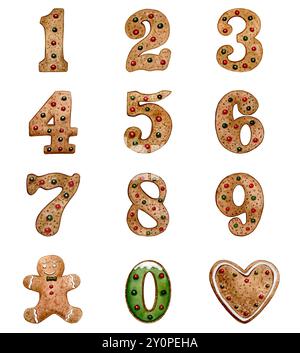 Niedliches Aquarellset von weihnachten und Neujahr Lebkuchenzahlen, Herz und Lebkuchenmann isoliert auf weiß Stockfoto
