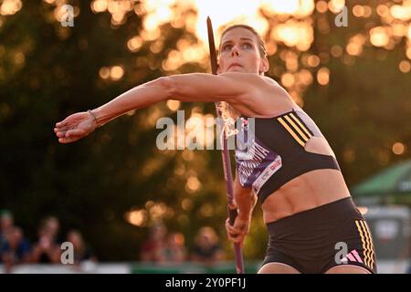 Turnov, Tschechische Republik. September 2024. Der tschechische Athlet Nikola Ogrodnikova tritt am 3. September 2024 im Speerwurf während des Ludvik Danek Memorial Athletic Meeting in Turnov (Tschechische Republik) an. Quelle: Radek Petrasek/CTK Photo/Alamy Live News Stockfoto