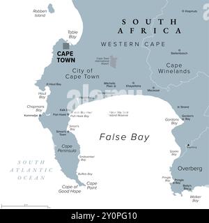 Kapstadt, die gesetzgebende Hauptstadt Südafrikas, graue politische Karte. Mit der Kap-Halbinsel und dem Kap der Guten Hoffnung im Süden, die False Bay bilden. Stockfoto
