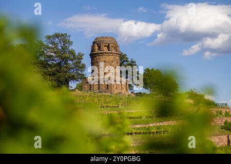 Radebeul Weinhänge der Bismarckturm in Radebeul, auch Bismarcksäule, ist einer von etwa 145 in Deutschland noch existierende Bismarcktürmen zu Ehren des Fürsten Otto von Bismarck 1815 1898. Der Radebeuler Turm wurde von Wilhelm Kreis als individueller Entwurf gestaltet, von Baumeister Alfred große aus Kötzschenbroda erbaut und am 2. September 1907 eingeweiht. Er hat eine Höhe von 18 Metern. Und kann über eine moderne Treppe bestiegen werden. Radebeul Sachsen Deutschland *** Radebeul Weinhänge der Bismarckturm in Radebeul, auch bekannt als Bismarcksäule, ist einer von etwa 145 Bismarcktürmen Stockfoto