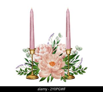 Aquarellkomposition aus zwei Kerzen und beige, rosa Pfingstrosen mit Eukalyptus und grünen Zweigen. Auf weißem Hintergrund. Für Hochzeitsdesign Stockfoto