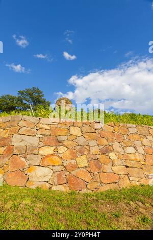 Radebeul Weinhänge der Bismarckturm in Radebeul, auch Bismarcksäule, ist einer von etwa 145 in Deutschland noch existierende Bismarcktürmen zu Ehren des Fürsten Otto von Bismarck 1815 1898. Der Radebeuler Turm wurde von Wilhelm Kreis als individueller Entwurf gestaltet, von Baumeister Alfred große aus Kötzschenbroda erbaut und am 2. September 1907 eingeweiht. Er hat eine Höhe von 18 Metern. Und kann über eine moderne Treppe bestiegen werden. Trockenstützmaern in den Weinhängen. Radebeul Sachsen Deutschland *** Radebeul Weinhänge der Bismarckturm in Radebeul, auch bekannt als Bismarck Colum Stockfoto