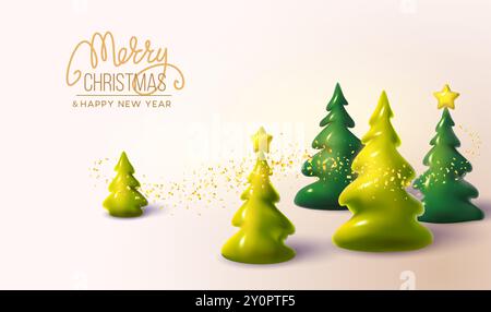 Weihnachts- und Neujahrskarte. Weihnachten Kieferntanne üppiger Baum 3D. Konisch Stock Vektor