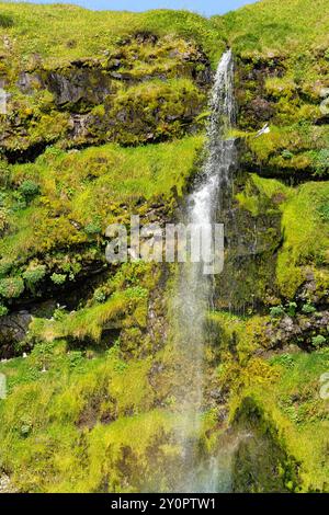 Küste mit Vogelklippe und Wasserfall vom Wasser aus gesehen. Arnastapi, Hellnar, Snæfellsbær, Halbinsel Snæfellsnes, Westisland Stockfoto