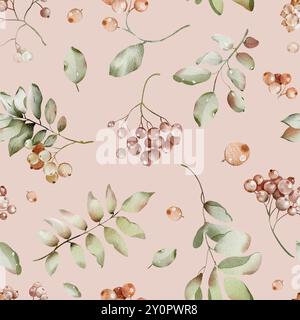 Nahtloses Muster Herbst Aquarell Herbarium rowan und Blätter isolierte Illustration. Element für Stoffe für Teeverpackungsdesign und Karte, Etikett. Stockfoto