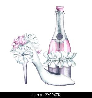 Die Hochzeitskomposition ist in zarten weiß- und Rosa-Tönen gefertigt. Der High-Heels-Schuh der Braut ist mit Blumen und einer Flasche rosa Champagner verziert Stockfoto