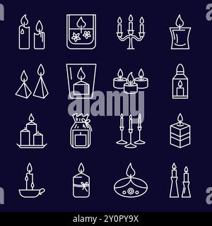 Kerzensymbole im Linienstil auf dunklem Hintergrund. Lichtquelle mit brennenden Flammensymbolen. Inneneinrichtung im Urlaub. Vektorabbildung. Stock Vektor