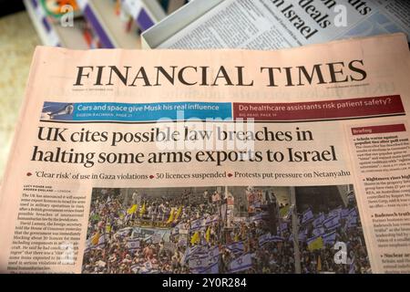 "Großbritannien zitiert mögliche Gesetzesverstöße bei der Einstellung einiger Waffenexporte nach Israel." die Zeitung Financial Times schreibt Titelseite 3. September 2024 London UK Stockfoto