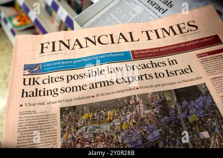 "Großbritannien zitiert mögliche Gesetzesverstöße bei der Einstellung einiger Waffenexporte nach Israel." die Zeitung Financial Times schreibt Titelseite 3. September 2024 London UK Stockfoto