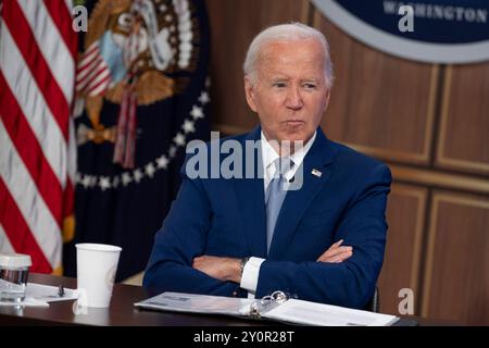 Washington, Usa. September 2024. US-Präsident Joe Biden kommentiert am Dienstag, den 3. September 2024 bei der Auftaktveranstaltung der Investing in America Content Series im South Court Auditorium in Washington, DC. Foto: Chris Kleponis/UPI Credit: UPI/Alamy Live News Stockfoto