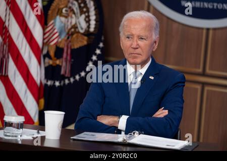 Washington, Usa. September 2024. US-Präsident Joe Biden kommentiert am Dienstag, den 3. September 2024 bei der Auftaktveranstaltung der Investing in America Content Series im South Court Auditorium in Washington, DC. Foto: Chris Kleponis/UPI Credit: UPI/Alamy Live News Stockfoto