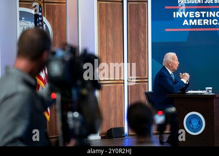 Washington, Usa. September 2024. Präsident Joe Biden spricht am Dienstag, den 3. September 2024 im South Court Auditorium im Weißen Haus in Washington, D.C. Foto: Bonnie Cash/UPI Credit: UPI/Alamy Live News Stockfoto