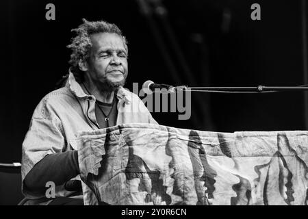 LONNIE HOLLEY, KONZERT, 2024: Die Musiklegende Lonnie Holley spielt die Hauptbühne der Berge. Tag 3 des Green man Festivals 2024 im Glanusk Park, Brecon, Wales am 17. August 2024. Quelle: Rob Watkins. INFO: Lonnie Holley ist ein US-amerikanischer Künstler und Musiker, der für seine zutiefst emotionale und improvisatorische Arbeit bekannt ist. Aus seinen Lebenserfahrungen schöpft seine Musik aus experimentellen, Blues- und Folk-Elementen, während seine bildende Kunst, die oft aus gefundenen Objekten gemacht wird, Themen der Belastbarkeit und des Überlebens reflektiert. Stockfoto