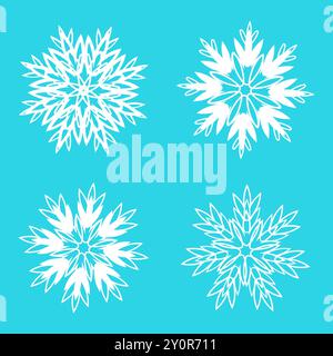 Satz von weißen Schneeflocken-Vektorsymbolen auf blauer Hintergrundfarbe. Winter weihnachten Schneeflocke Kristallelement. Wetterillustration Eiskollektion. Weihnachten Stock Vektor