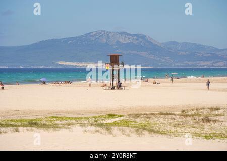 Leute am Strand im Sommer. Playa de los lances, Tarifa, Costa de la Luz, Andalusien, Spanien. Stockfoto