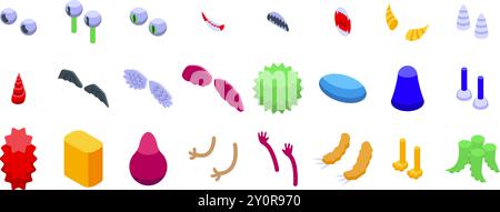 Monster-Creation-Symbole gesetzt. Set aus verschiedenen Monsterfiguren in isometrischer Ansicht, perfekt für Spieleentwickler und Fantasy-Enthusiasten Stock Vektor