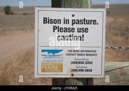 Sing mit wechselnder Landnutzung: 'Bison auf der Weide. Seien Sie vorsichtig!“ Warnschild an der Viehwache im American Prairie Reserve, Phillips County, MT. Stockfoto