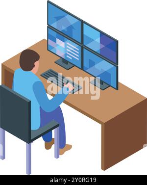 Der Sicherheitsbeamte überwacht ein modernes cctv-System mit mehreren Monitoren, um die Sicherheit zu gewährleisten Stock Vektor