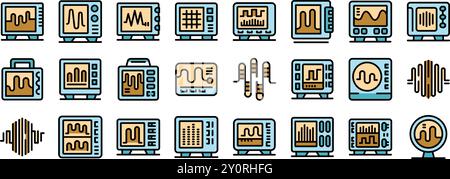 Dieser Satz von Symbolen zeigt verschiedene Oszilloskope, elektronische Prüfgeräte, die zur Visualisierung und Messung elektrischer Signale als Signalformen verwendet werden Stock Vektor