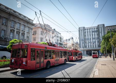 BELGRAD, SERBIEN - 14. SEPTEMBER 2023: Belgrader Trolleybusse, oder Trolley, warten auf den Betrieb auf studentski trg. Auch Trolej genannt, gehören sie dazu Stockfoto