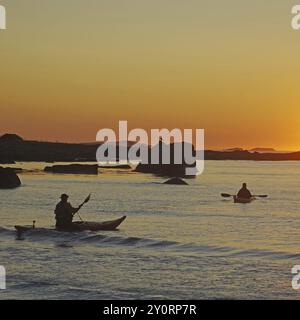 Zwei Personen Kajakfahren auf einem ruhigen Wasser bei Sonnenuntergang, Ramberg, Flakstad, Flakstadoya, Lofoten, Nordland, Norwegen, Europa Stockfoto