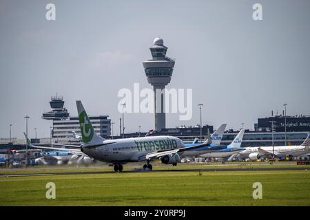 Transavia Boeing 737-800, Landung am Flughafen Amsterdam Schiphol, Buitenveldertbaan, 27. September, Flugsicherungsturm, Terminal, Niederlande Stockfoto