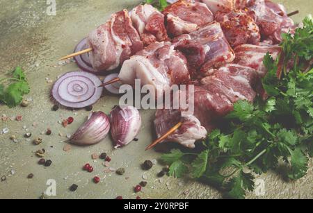 Rohes Schweinefleisch, auf Holzspießen, eingelegter Kebab, mit Gewürzen und Kräutern, auf dem Tisch, Blick von oben, keine Leute Stockfoto