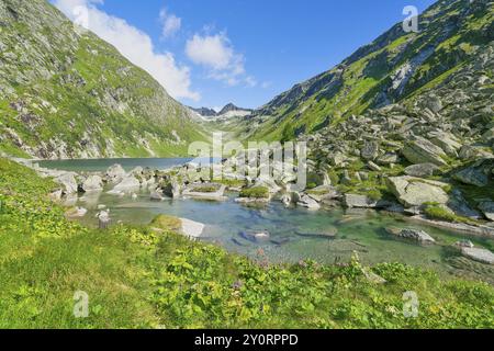 Dorfer See im Hintergrund die Kalser Tauern, Bergsee, blauer Himmel, Dorfertal, Nationalpark hohe Tauern, Kals am Großglockner, Osttirol Stockfoto