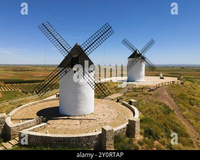 Zwei weiße Windmühlen mit schwarzen Dächern auf einem Hügel umgeben von Steinmauern und weiten Feldern, Blick aus der Luft, Alcazar de San Juan, Ciudad Real, Castilla-La M Stockfoto