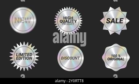 Holografische Aufkleber Logos Emblem Etiketten Farbset. Zur Verpackung von Werbematerial. Aufkleber für Kleidung oder Accessoires. Vektorabbildung. Stock Vektor