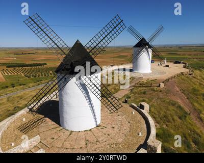 Zwei weiße Windmühlen mit schwarzen Dächern in einer weiten Feldlandschaft bei sonnigem Wetter, Luftsicht, Alcazar de San Juan, Ciudad Real, Castilla-La Mancha, Ro Stockfoto