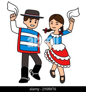 Cute cartoon Kinder tanzen Cueca, traditioneller Tanz in Chile. Junge und Mädchen in Trachten feiern Chilenischen urlaub Dieciocho. Vektor illus Stock Vektor