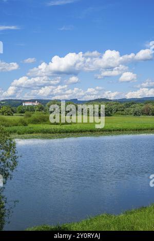 Donaulandschaft mit Reflexion der Landschaft und Wolken, Schloss Woerth an der Donau im Hintergrund, Oberpfalz, Bayern, GE Stockfoto